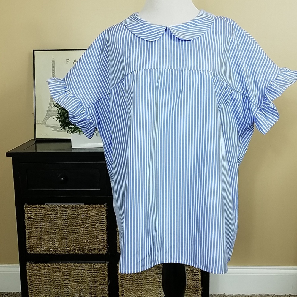 Shein blue white stripe top ruffle
